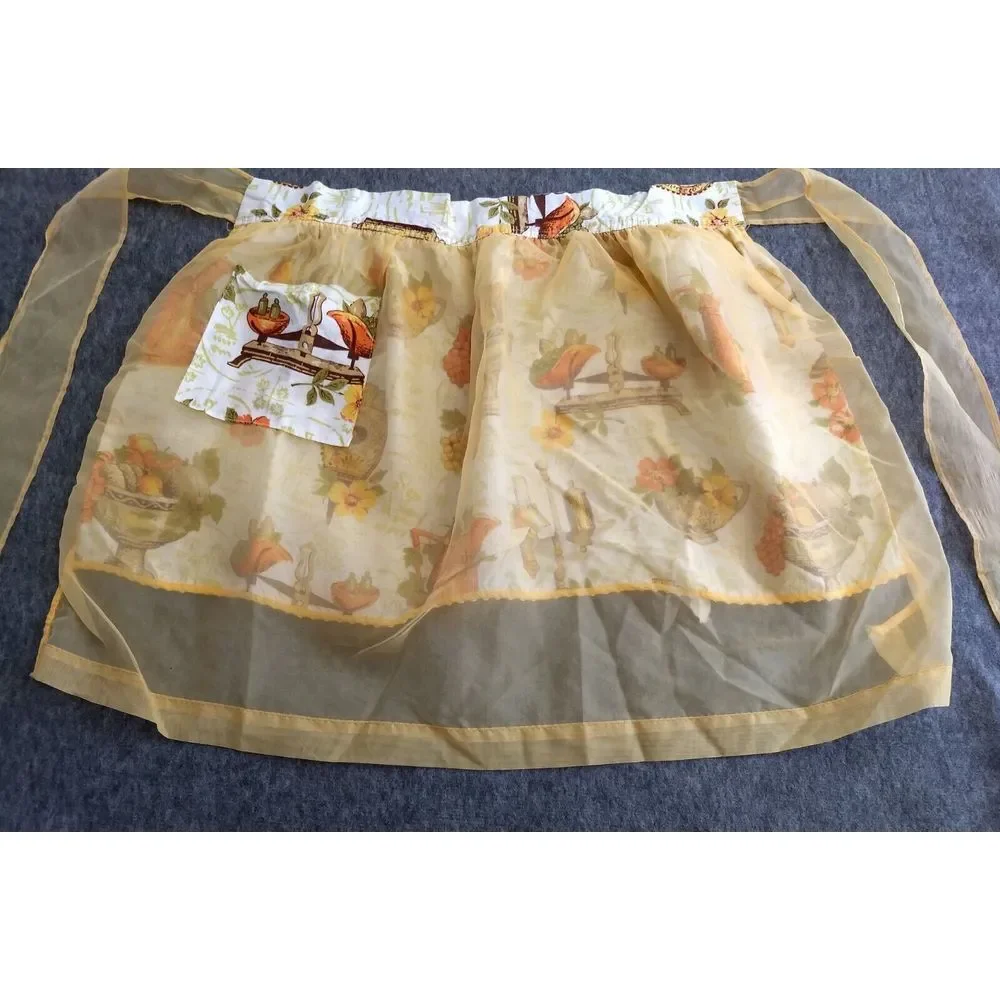 VTG HALF APRON Cotton Sheer Reversible Mod Classic 70s Orange Green Yellow Brown